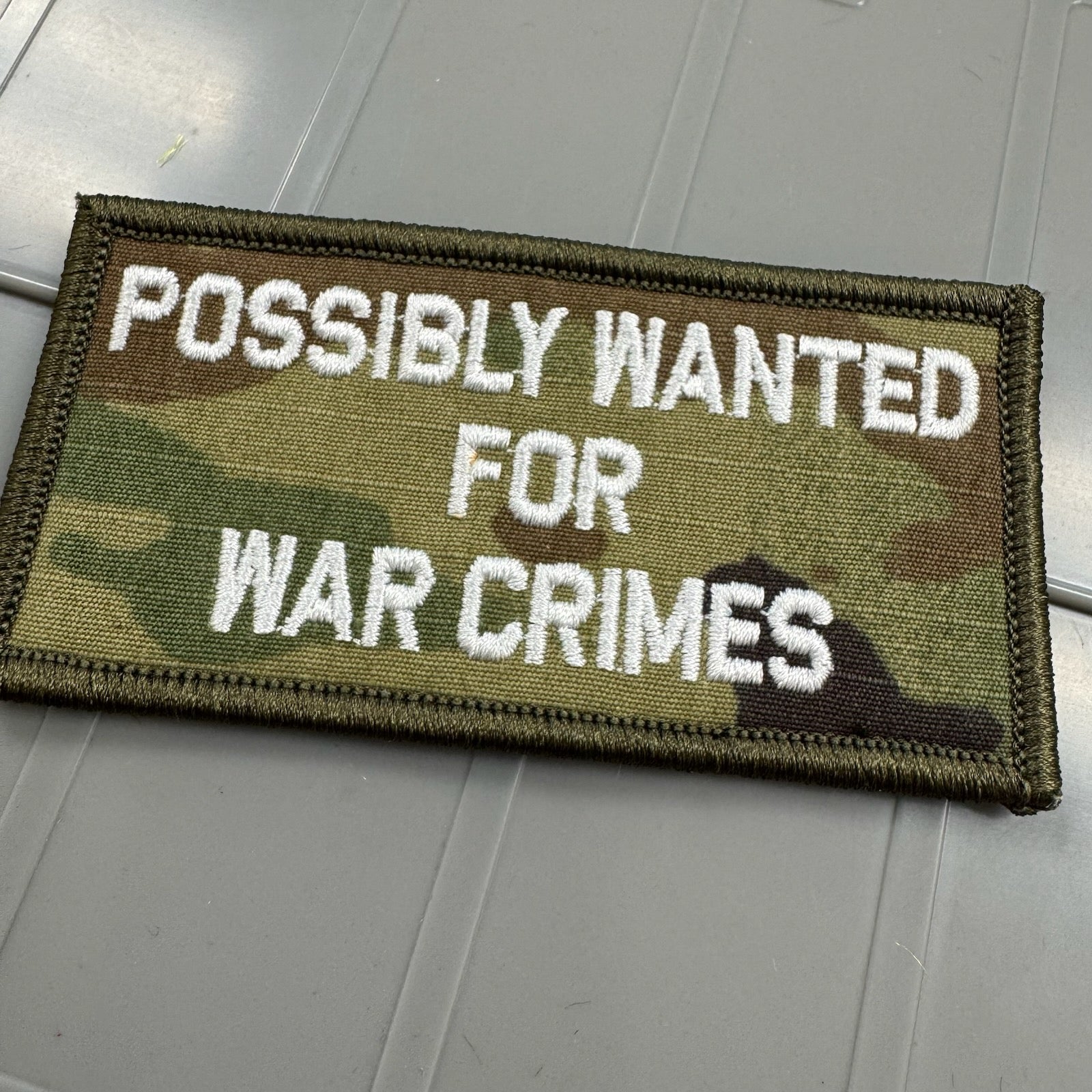 As Seen on Socials - Possibly Wanted For War Crimes - 2x4 Patch - Multicam w/Silver