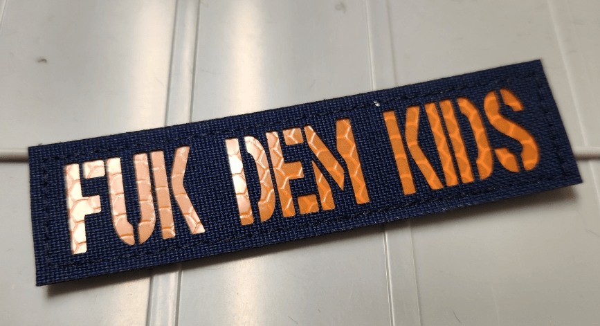 As Seen on Socials - Fuk Dem Kids - 1x3.75 Patch - Navy Laser Cut w/Orange Reflective Honeycomb