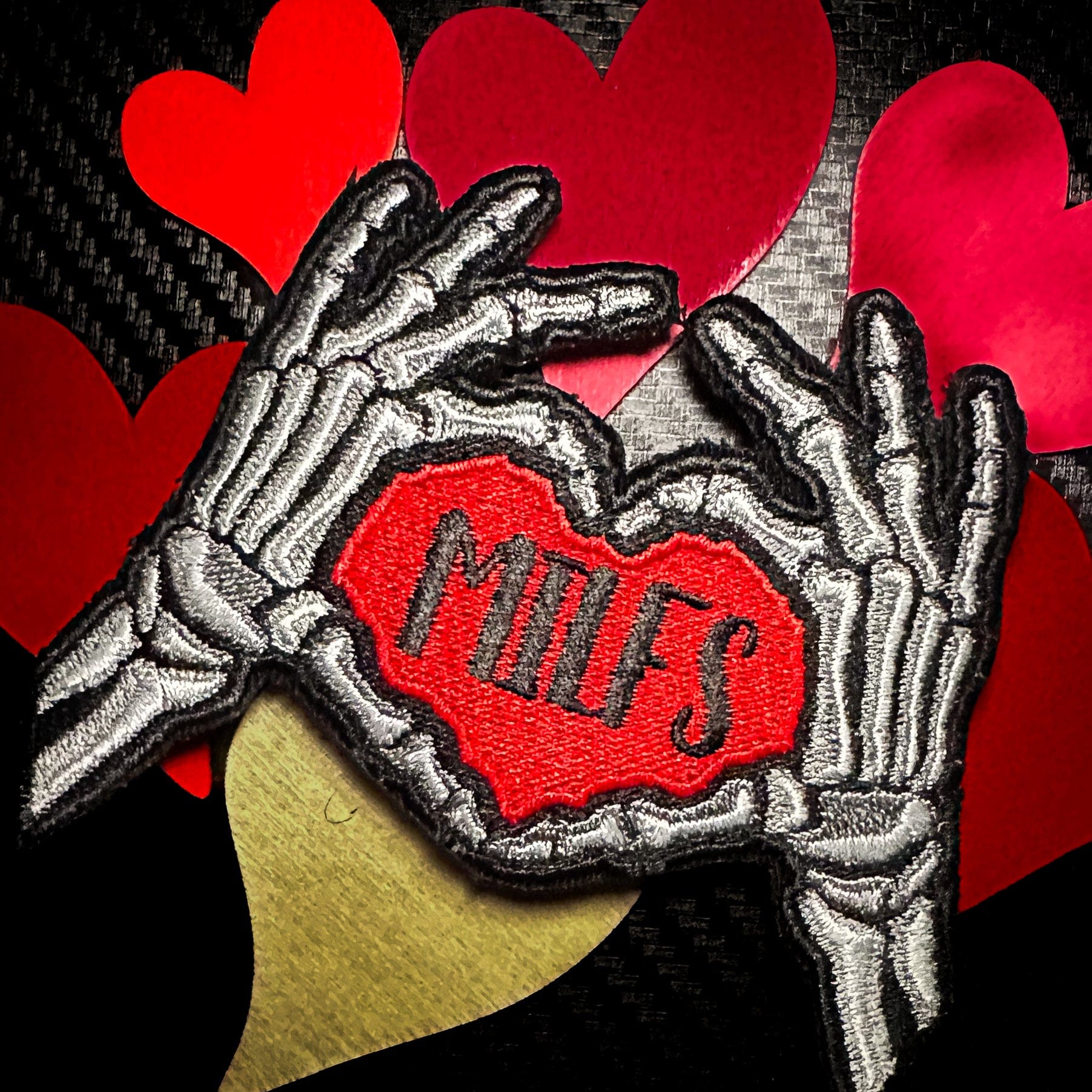 Everyone Loves Hot Moms - Skeleton Heart Hands Love MILFS -   Embroidered Patch