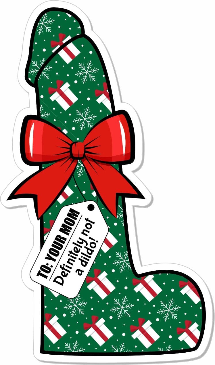 Definitely Not a Dildo Christmas Wrapping with Bow 4" SLAP Sticker - V.2.0 - NSFW